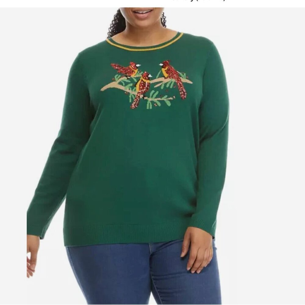 Cardinals Christmas Sweater Plus Size 2X Kim Rogers Sequin Holiday Top Green NEW